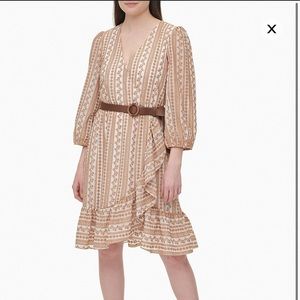 New Calvin Klein Lace V-Neck 3/4 Sleeve Belted Ruffle Dress